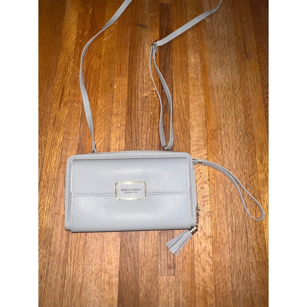 Baellerry Light Gray Crossbody Wallet Wristlet Bag Gold Hardware Tassel Accent
